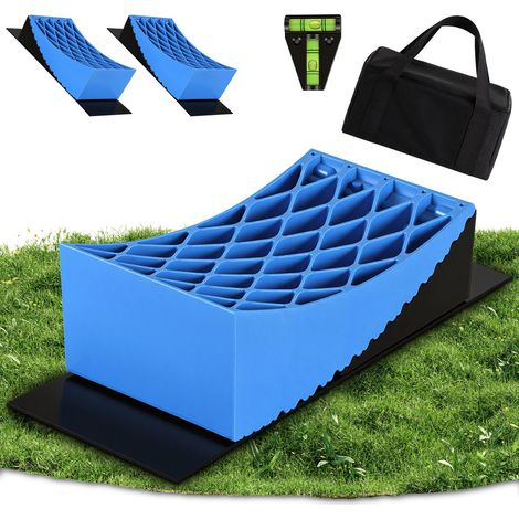 Randaco 2x Kit Cales de roue rondes, 32 x 15.2 x 11cm, capacité 13.5 t, avec Tapis et Niveau à bulle en T, Protection de pneus pour camping-cars et remorques,losange (1/5)