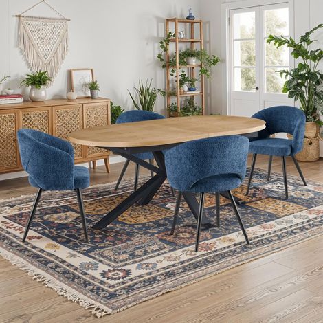 Table extensible 180-240 cm + 4 chaises tissu bouclette bleu - VENTER