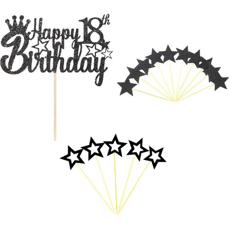 Décoration Gâteau Anniversaire 18 Ans - Topper Étoile Noir - Pour Gâteau et Cupcakes - Lot de 1 Topper Principal + 6 Décorations Étoilées (1/5)