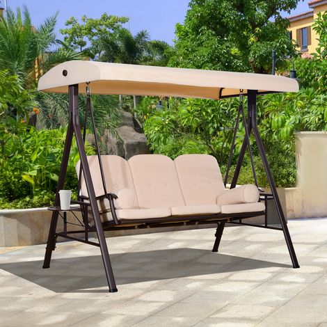 Altalena da giardino a 3 posti, extra comfort, tettuccio inclinabile regolabile, cuscini, vassoi estraibili, 121x208x172 cm, beige