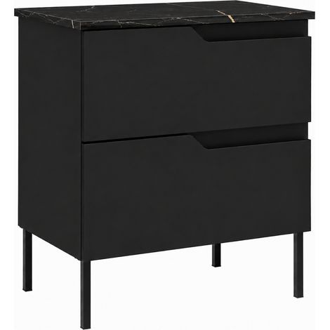 Meuble sous-vasque sur pieds 60 cm, 2 tiroirs, avec plan de travail, fermeture douce, Noir / Plan Marbre Black Royal, pieds noirs, 60 x 46 x 73,6 cm (1/5)
