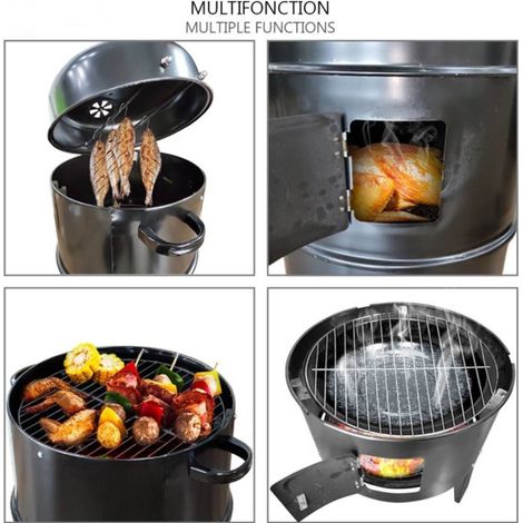 Barbecue fumoir charbon de bois avec thermomètre – Dimensions 50x43x80 cm – Grille diamètre 37 cm – Pour cuisson précise