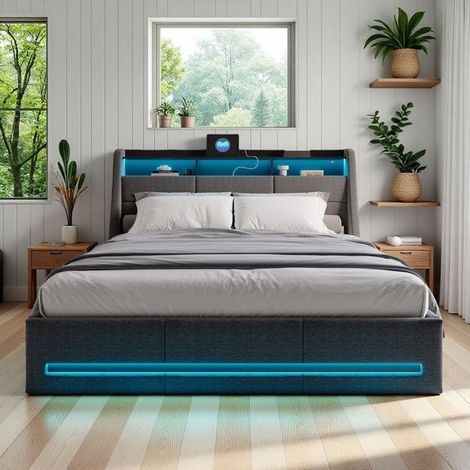 Letto doppio 140x190 - Letto idraulico con ripostiglio - LED RGB - Prese USB - Testiera grigia