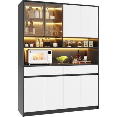 Credenza alta con illuminazione a LED nel vano in vetro e ripiano a giorno, area espositiva in vetro, mobile con illuminazione a LED a colori regolabili tramite app, mobile dispensa per soggiorno. (1/5)