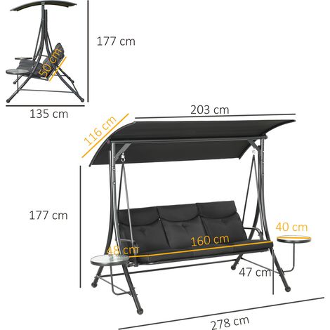 Balançoire Hollywood avec tables basses intégrées, balancelle de jardin 3 places avec pare-soleil réglable, capacité de charge jusqu'à 300 kg, pour jardin ou terrasse, 271 x 125 x 177 cm, noire (1/5)