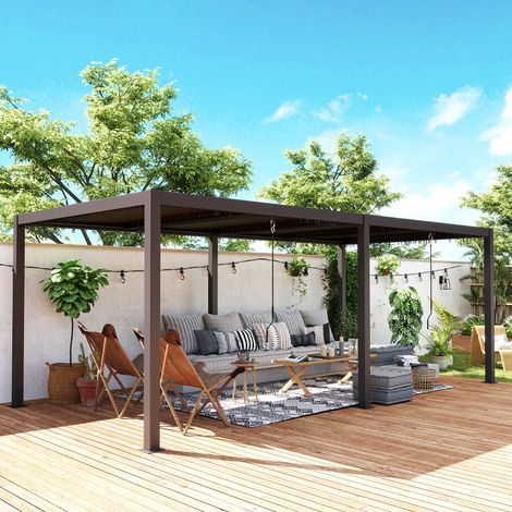 Pergola 3 x 6 m pergola d'extérieur tonnelle avec persiennes manivelle, toit réglable en aluminium crochets gris foncé (1/5)