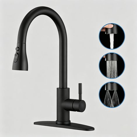 CYUNSHOP - Robinet extractible inox 304 E/C, 3 modes, télesc. universel (noir mat, tuyau+embase) (1/5)