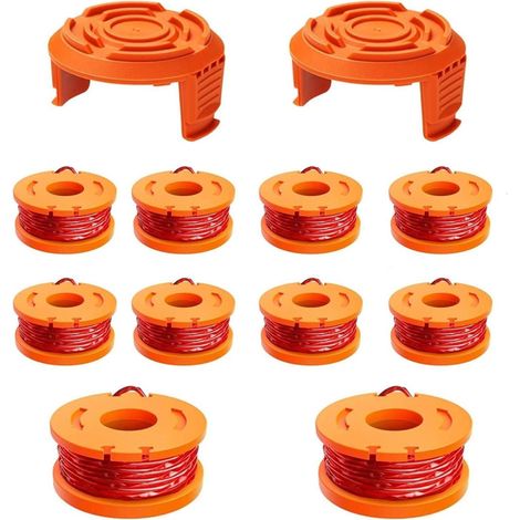 12er-Pack Ersatz-Kabelspulen für Rasentrimmer, 1,65 mm Durchmesser, 3 m Länge, kompatibel mit Worx 20 V Rasentrimmern, enthält 10 Packungen Trimmerkabel und 2 Packungen Kappen (1/5)