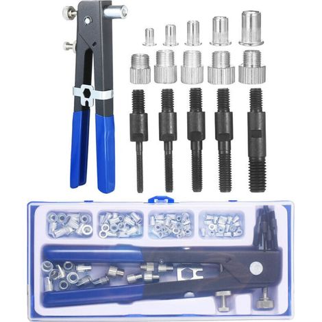 86PCS Kit d'outils pour écrous à rivets Set d'écrous à rivets aveugles Clé à riveter à main Outil d'insertion fileté Pistolet à écrous à rivets avec assortiment d'écrous à rivets métriques M3 M4 M5 M6 (1/4)