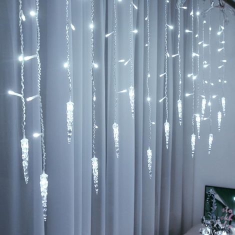 Guirlande rideau de fenêtre de Noël blanc, 4 m, en cristal de glace, guirlande lumineuse avec 16 gouttes, lumineuse (1/5)