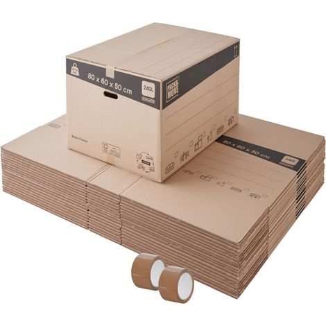 Lot de 20 cartons déménagement XXL avec poignées - 240L, charge max 20kg - made in France + 2 adhésifs offerts (1/4)