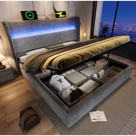 MEUBLIV Cama 160x200 cm gris – estructura hidráulica con LED, USB/Type-C, sin colchón (1/5)