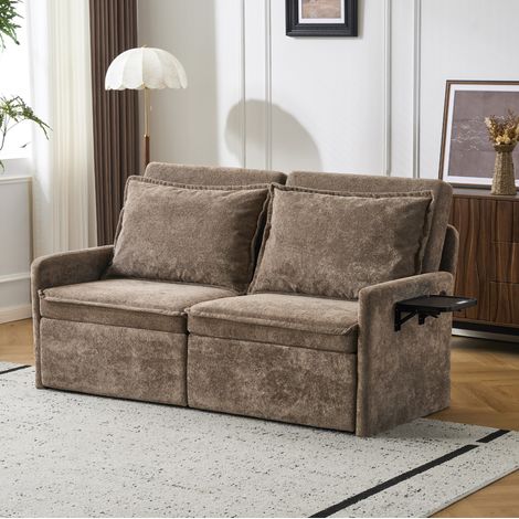 Sofá cama de 3 plazas (172.5x71x95 cm), respaldo ajustable, con almacenamiento y puerto USB y Type-C, chenilla marrón (1/5)