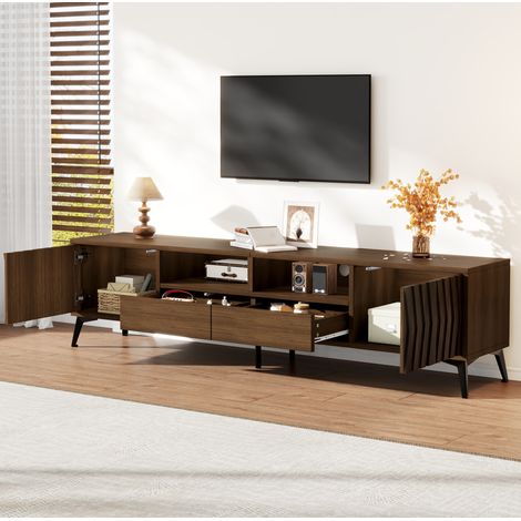 Meuble TV avec rangement 180x35x45 cm en panneaux de particules noyer pour écran 75 pouces - CHICFURN (1/5)