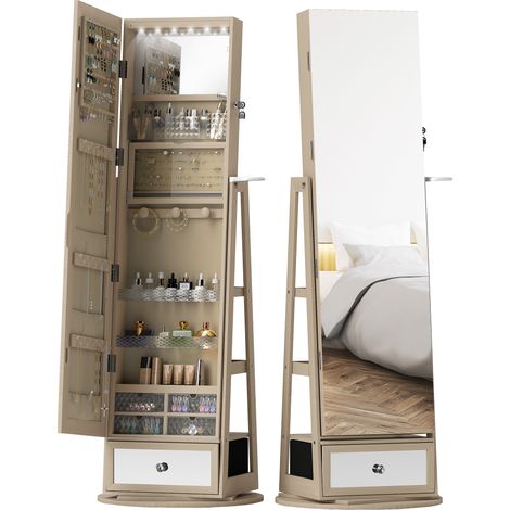 Miroir à bijoux LED avec armoire, pivotant 360°, tiroir et serrure, couleur naturelle