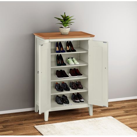 Hallowood Furniture Clifton Painted Green Off White Shoe Cupboard with 2 Doors, Solid Wooden Oak Top Shoe Rack Cabinet, Fits 10 Pairs Adult Footwear, Oak Cabinet for Hallway, Kitchen or Living Room (1/5)