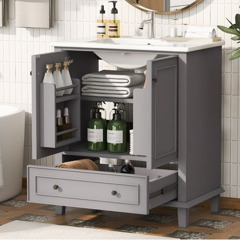 Mobile lavabo a pavimento moderno grigio in MDF laccato con lavabo integrato in ceramica, 2 ante 1 cassetto, 76x46x87 cm (1/5)