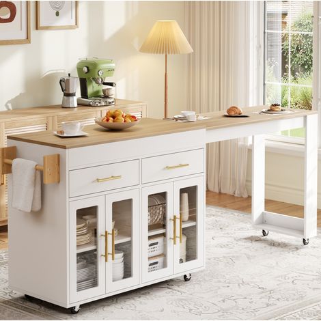 Isla de cocina móvil con mesa extensible (132.5x50x93 cm), con almacenaje, cajones, puertas de cristal, MDF blanco (1/5)