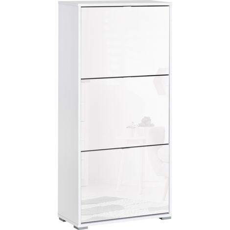 Armoire à chaussures 3 portes battantes 3 compartiments bois 60x26x124 cm blanc laqué (1/5)