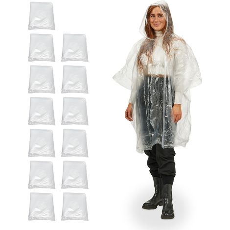 Relaxdays Regenponcho Einweg 13er Set, Einmal Regencape mit Kapuze, Erwachsene, Notfallponcho Damen, Herren, transparent (1/5)