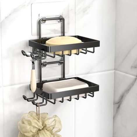 Porta sapone doppio in acciaio inox 304 per montaggio a parete in doccia senza foratura, con 4 ganci e porta rasoio. (1/5)