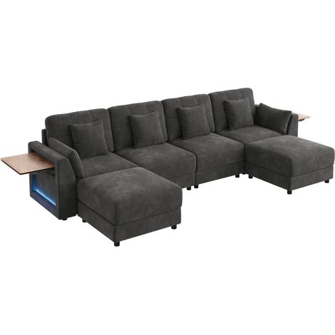 Sofá modular en U/L de chenilla gris con 2 pufs, LED y mesa abatible (1/5)