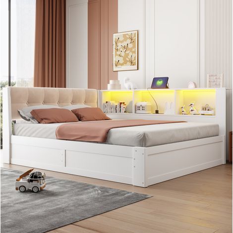 Cama con canapé abatible lateral 140x200 cm con LED, USB y estantería, blanca OKMYHOME (1/5)
