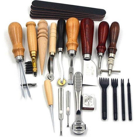 Juego de 18 herramientas para trabajar el cuero y coser, ideal para proyectos de bricolaje: costura a mano, repujado, fabricación de sillas de montar, tallado y trabajos en cuero. (1/5)