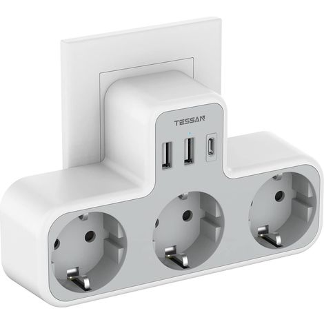 Multiprise Murale 6-en-1, 3 Prises Secteur 3600W USB-C 15W, Gris  Prise Multiple 3600W, 3 Prises Secteur, 2 USB A (1/5)