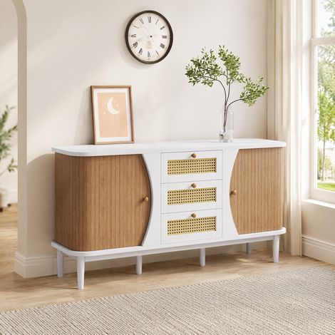 Buffet 140,5x40x76 cm en panneaux de bois blanc et bois, avec rangement pour salon FloraGrace (1/5)