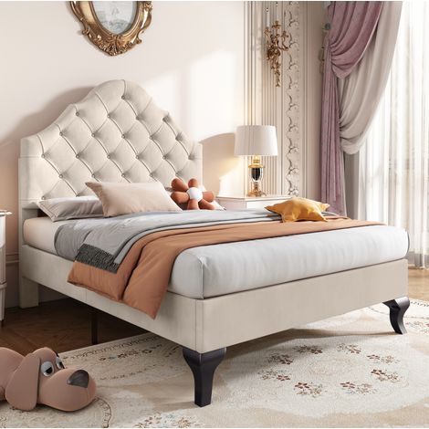 Letto con rete e testiera in velluto beige DESVIAE (1/5)