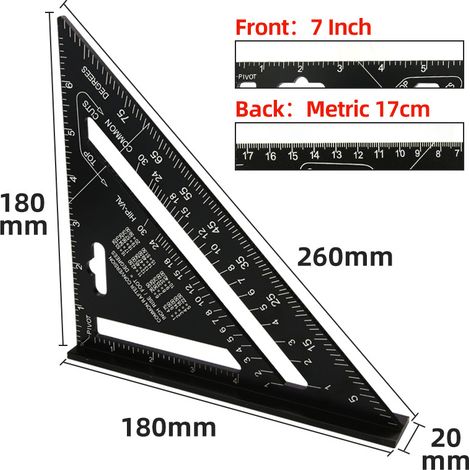 Règle d'angle droit métrique 7 pouces en alliage d'aluminium, équerre noire à 90 degrés, outil de mesure pour le travail du bois, règle de positionnement et de marquage