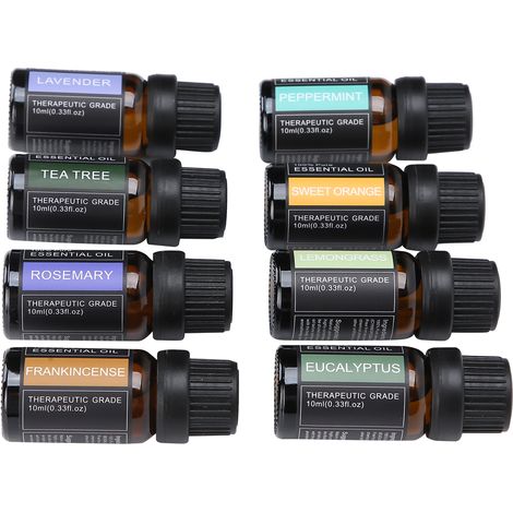 Ensemble de 8 huiles essentielles d'aromathérapie, pures et naturelles, pour humidificateur et massage. (1/5)