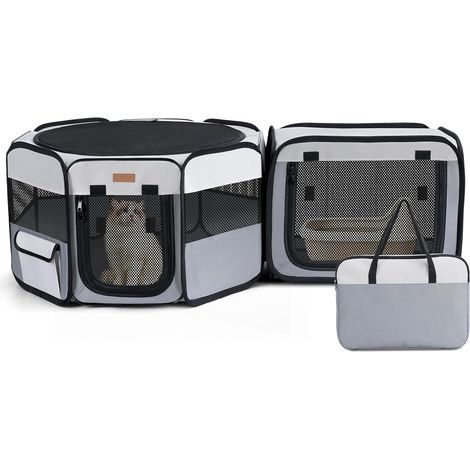 Enclos pour Chats 2-en-1, Parc Pliable Intérieur/Extérieur, Gris (1/5)