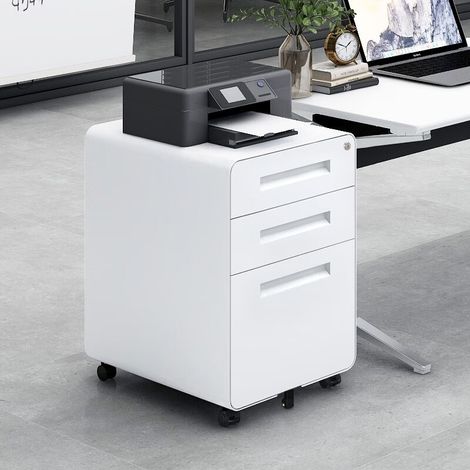 Archivador móvil blanco de 3 cajones para oficina, almacenamiento debajo del escritorio, diseño sencillo, compatible con archivos A4/Carta/Legal, 5 ruedas antivuelco, acero laminado en frío, resistent