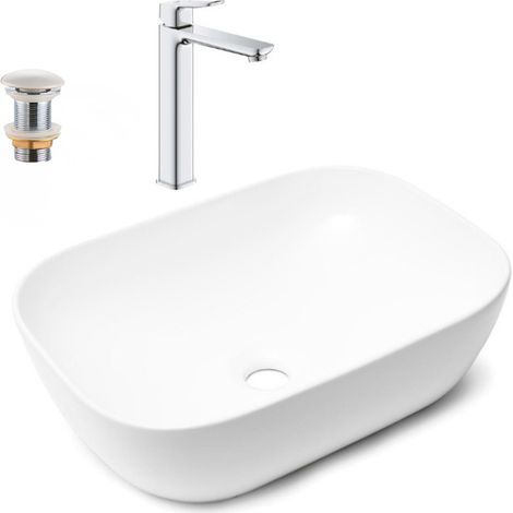 QUICKFIX DICE grifo monomando para lavabo, tamaño XL +  lavabo sobre encimera Swiss Aqua Technologies 45,5x32,5 cm