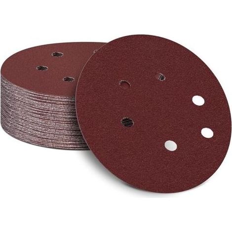 Confezione da 50 dischi abrasivi da 150 mm per levigatrici roto-orbitali, grana 80, carta vetrata da 150 mm, 6 fori, nastri abrasivi con supporto in velcro per legno, truciolato e metallo. (1/5)