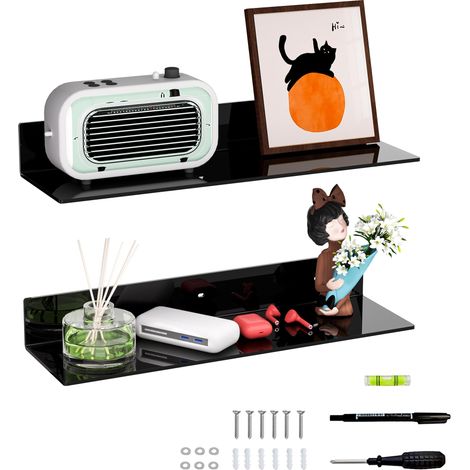 Lot de 2 étagères murales en plexiglas noir de 50 cm pour décoration murale, poupées, cosmétiques, parfum, livres, pots à épices (50 cm) (1/5)