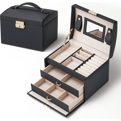 Schmuckkästchen, Geschenk-Schmuckkästchen, Kosmetikaufbewahrungsbox, 3-lagiges Reise-Schmuckkästchen aus Kunstleder mit 2 Schubladen, Spiegel und Schloss (Schwarz) (1/4)