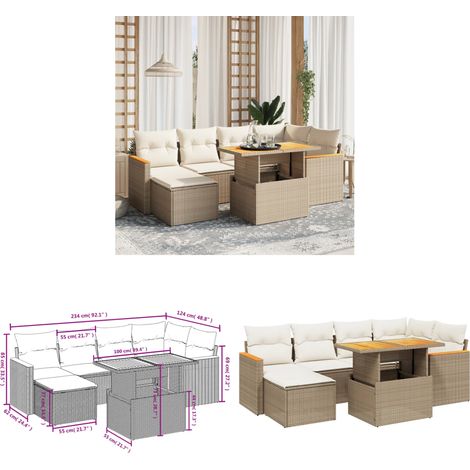 Salon de jardin avec coussins 7 pcs beige résine tressée - Ensemble Salon De Jardin - Meuble Extérieur - Résine Tressée - Rotin Synthétique - Table Extensible - Home & Living (1/3)