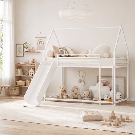 Cama infantil con tobogán, estructura casa, 90 x 190 cm, hierro blanco HAVRYA (1/5)