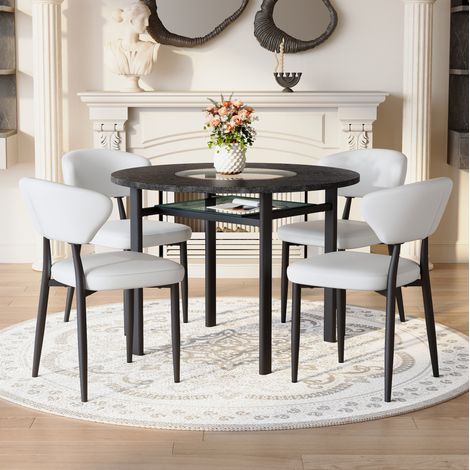 Ensemble table ronde 100 cm en MDF noir avec 4 chaises blanches en PU, plateau verre (1/5)