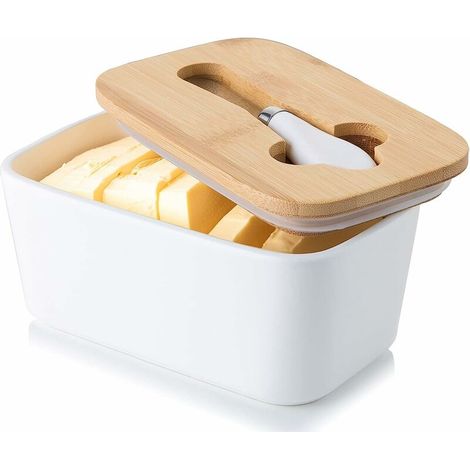 royaluxe - Candiicap Beurrier en Porcelaine, Boîte à Beurre avec Couvercle en Bambou et Couteau à Beurre, Conteneur de Beurre avec Bague d'Étanchéité en Silicone pour Tous Les Types de Beurre (Blanc M (1/5)
