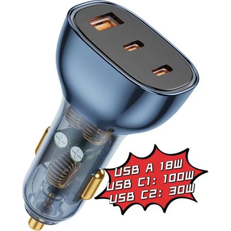 Ultraschnelles 3-Port-Autoladegerät mit 130 W PD, QC 3.0-Schnellladefunktion und USB Typ-C für iPhones – Grau