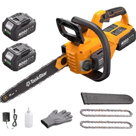 Motosierra inalámbrica, motor sin escobillas, doble batería, con 2 baterías de 4,0 Ah, enchufe europeo de 100 V-240 V. (1/2)