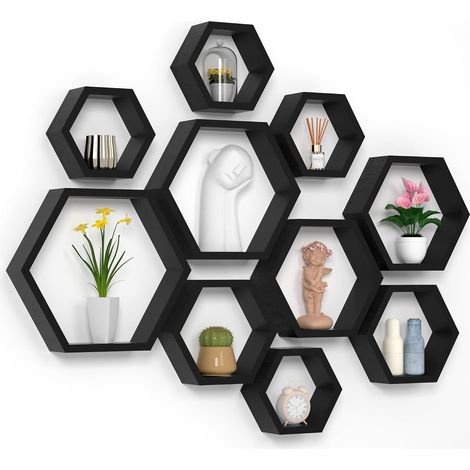 Étagères flottantes hexagonales en nid d'abeille à fixation murale en bois pour salle de bain, cuisine, chambre à coucher, salon – Décoration murale finition bois flotté, noir (1/5)