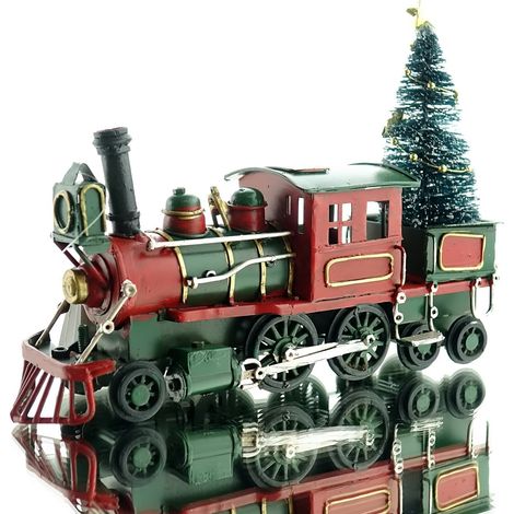 Weihnachtsdeko Dampflok Eisenbahn Rot mit grünem Dach - Metall