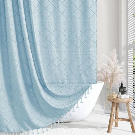 Cortina de ducha bohemia JSSEVN en tejido azul con borlas, 183 x 183 cm, estilo rústico minimalista moderno, estampado de espiga. (1/5)