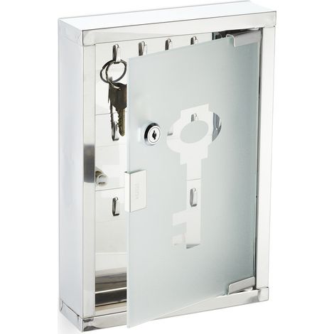 Relaxdays Armario de Llaves con Cerradura, Caja Portallaves Pared, Acero Inoxidable, Puerta Cristal, 32x22x6cm, Plateado