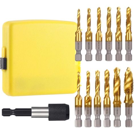 13 Pièces Foret Taraudeur HSS, SAE/Metric M3-M10 Foret Taraud Filetage Métrique Jeu de Forets et de Tarauds Combinés avec Adaptateur de Taraud pour Bois Métal Plastique Aluminium-DOU
